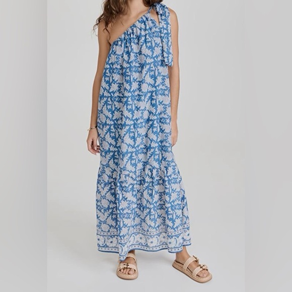 Velvet by Graham & Spencer Hand Block Print Maci One Shoulder Floral Blue Dress - Picture 1 of 5